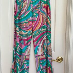 Pink and Green Wide Leg Pants with Psychedelic Print